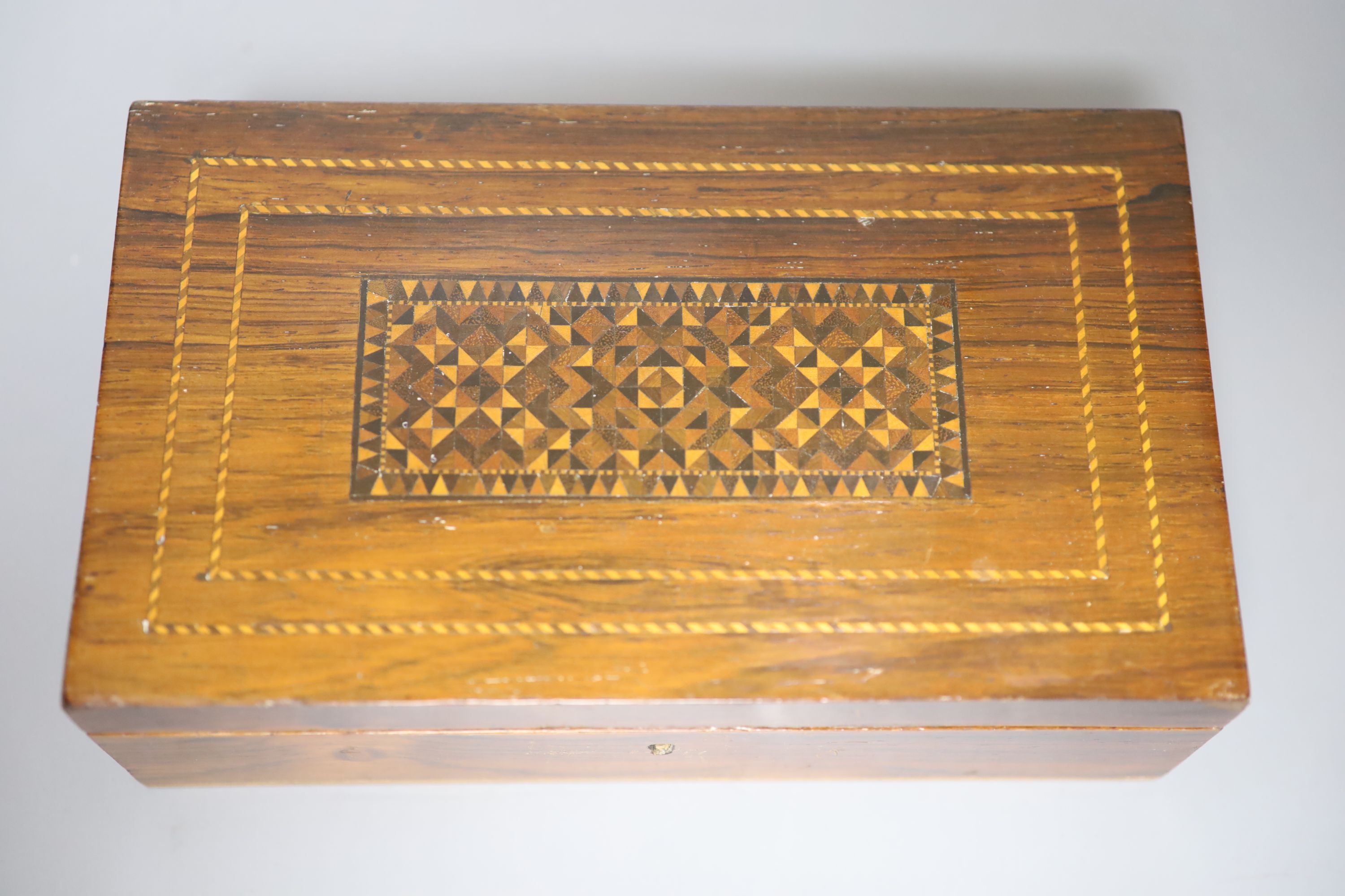 A Tunbridge ware rosewood and half square mosaic games box, c.1840, 23cm